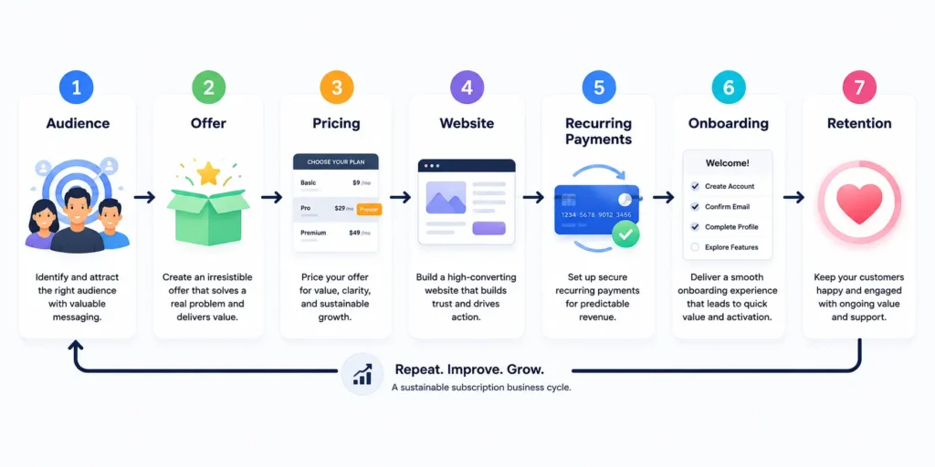 Audience → Offer → Pricing → Website → Recurring Payments → Onboarding → Retention